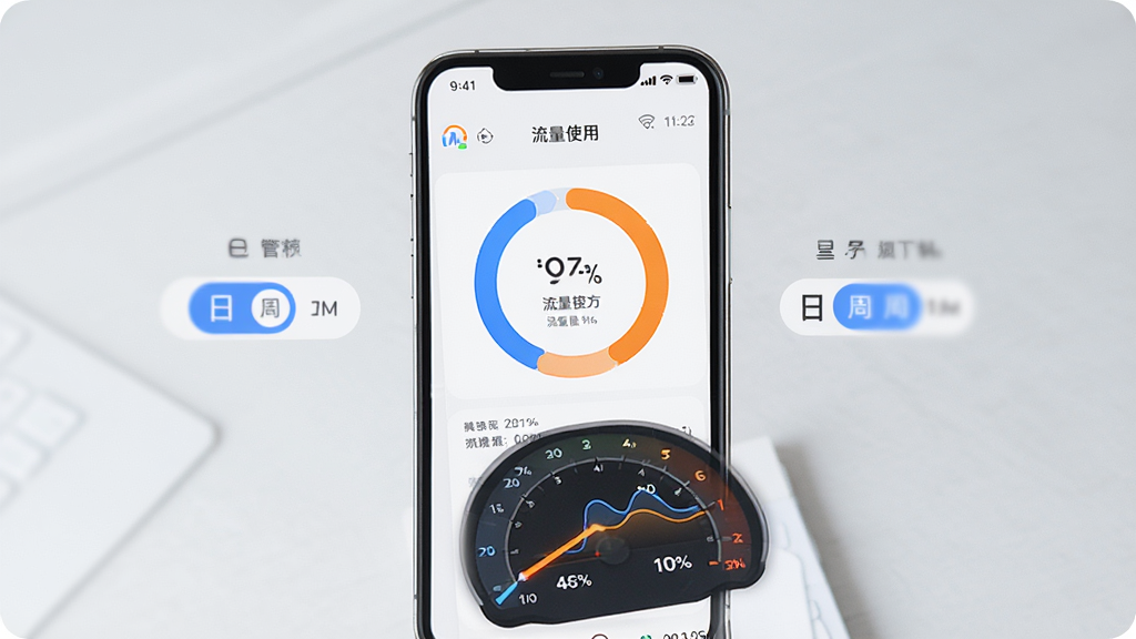 一张以流量监控和网络测速为主题的 e管家 功能界面图,画面中央为手机屏幕显示流量使用环形图和测速仪表盘,周围分布着日周月切换标签,布局清晰直观,风格现代简约,细节包含蓝色和橙色数据曲线,画质高清,干净,无多余元素