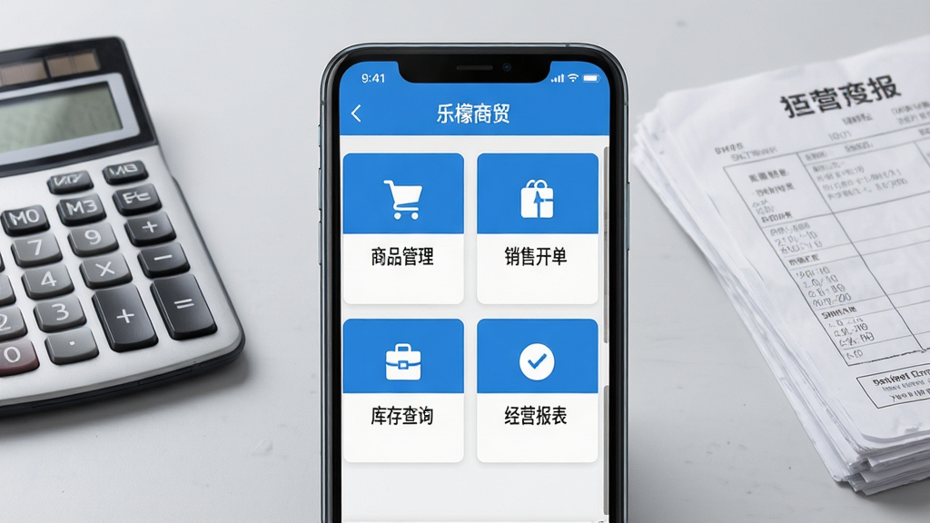 一张展示乐檬商贸手机应用主界面的预览图,画面中央是一部竖屏智能手机,屏幕内显示商品管理、销售开单、库存查询、经营报表四个功能卡片,卡片采用蓝白配色,背景是干净的浅灰色工作台面,旁边放着一台计算器和一叠送货单,整体风格为商务写实,细节清晰,画质干净,无多余元素