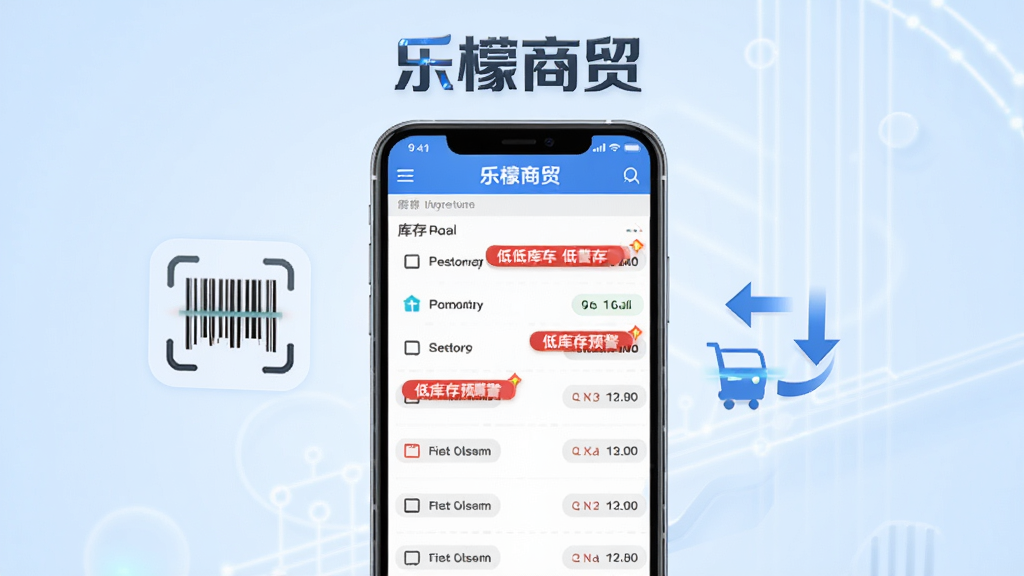 乐檬商贸软件功能界面展示图,画面主体是一部手机屏幕显示库存列表与低库存预警红色标记,手机旁边悬浮着商品条码扫描图标和入库出库箭头示意,背景为浅蓝色渐变,风格简洁科技感,画面中带有“乐檬商贸”文字标识,排版居中,画质清晰干净