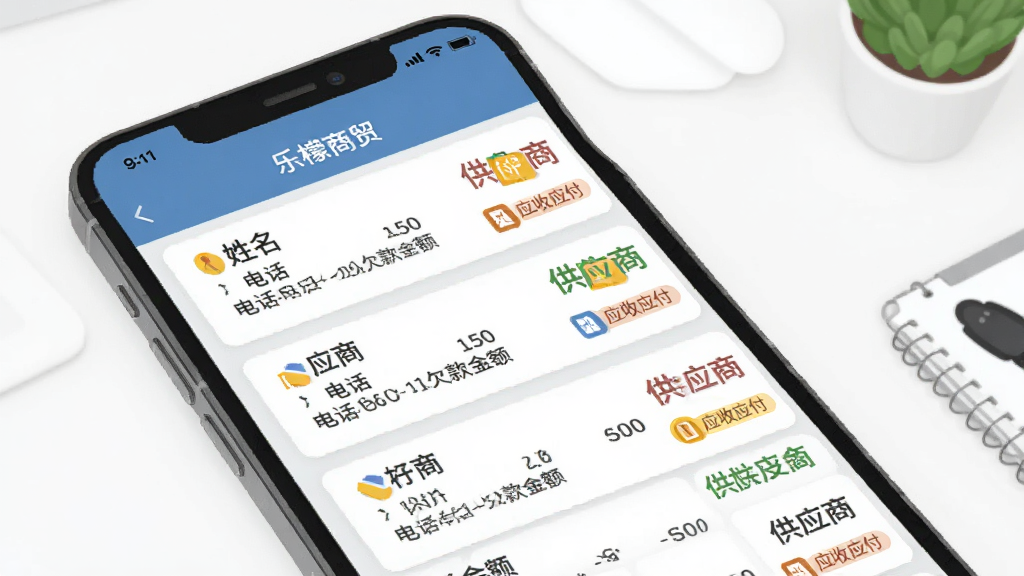乐檬商贸客户管理功能示意图,画面展示手机屏幕内客户档案卡片列表,每张卡片包含姓名、电话、欠款金额,旁边有供应商图标和应收应付标签,背景为白色办公桌面,风格为扁平化商务插画,画面中出现“乐檬商贸”字样,布局整齐,画质干净无杂物
