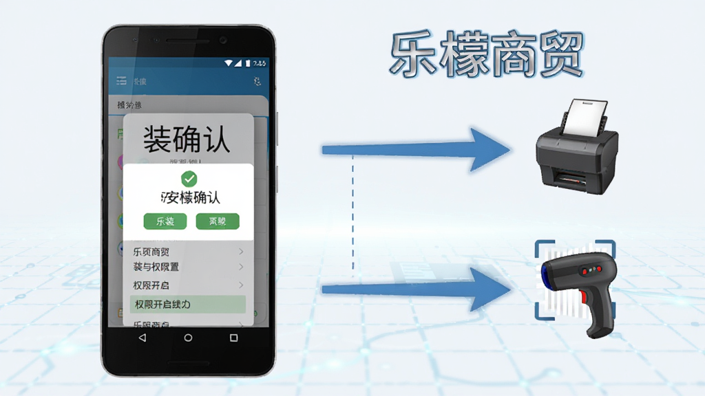乐檬商贸手机端安装与权限设置示意图,画面展示一部安卓手机屏幕上出现安装确认弹窗和权限开启列表,旁边有箭头指向蓝牙打印机和扫码枪图标,背景为浅色科技网格,风格为教程插画,画面中包含“乐檬商贸”文字,排版清晰,画质干净