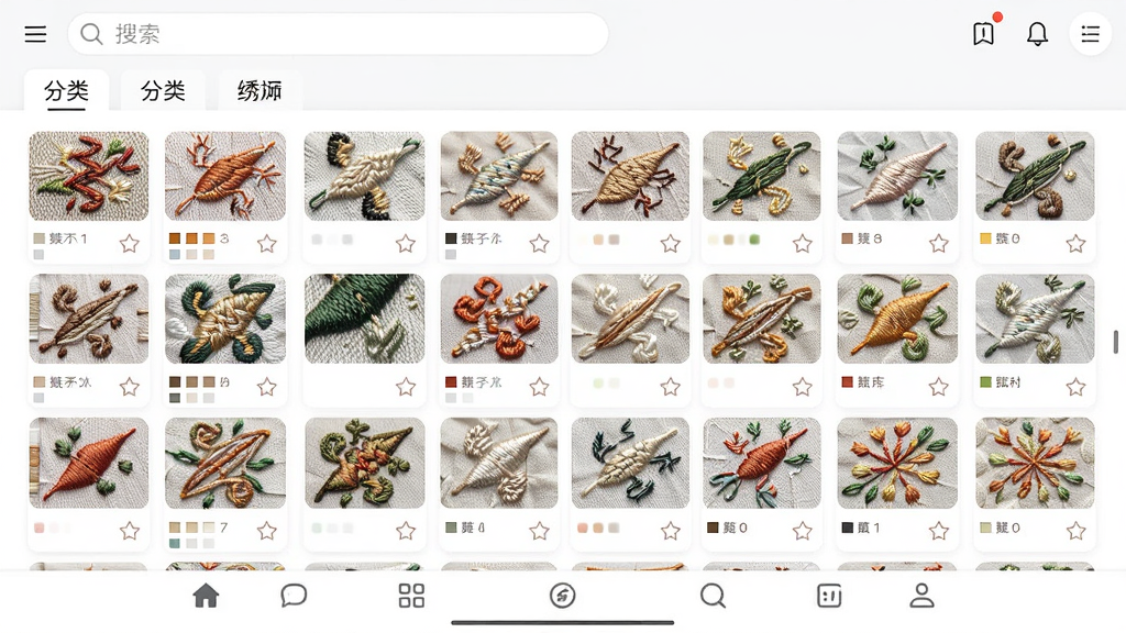 绣库软件主界面全貌展示,主体是居中排列的刺绣图案网格墙,布局采用上下结构,顶部为搜索栏与分类标签,中部为图案缩略图卡片,底部为导航菜单,排版整齐有序,风格为清新简约的移动应用UI设计,细节包含刺绣针脚纹理、色卡色块、收藏图标,画质高清,干净,无多余元素