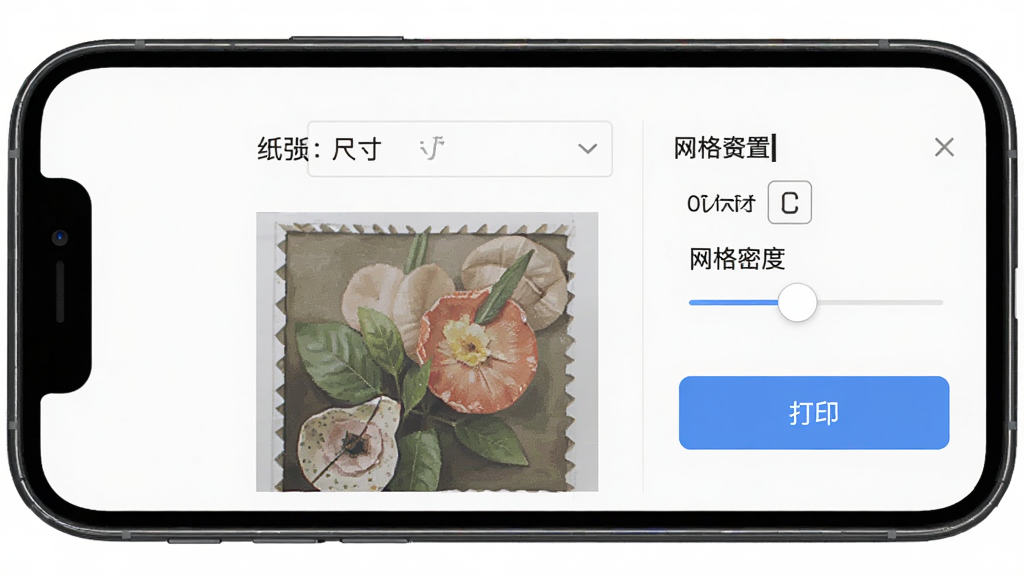 绣库软件导出打印界面,主体为手机屏幕显示导出设置选项与预览图,布局为上下分层,排版规整,风格为实用工具类UI,细节包含纸张尺寸下拉框、网格密度滑块、打印按钮,画质高清,干净,无多余元素