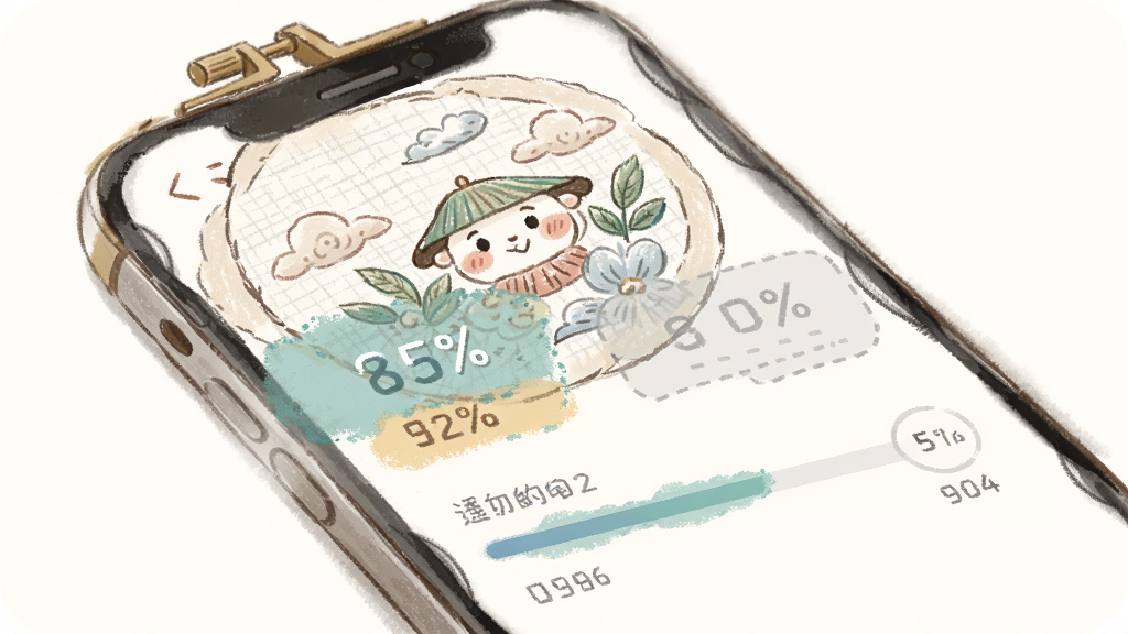 绣库软件进度追踪界面,主体为手机屏幕内展示一幅半成品刺绣图案与进度条,布局为上下结构,排版直观,风格为柔和手绘风,细节包含百分比数字、已完成区域高亮、剩余区域虚化,画质高清,干净,无多余元素