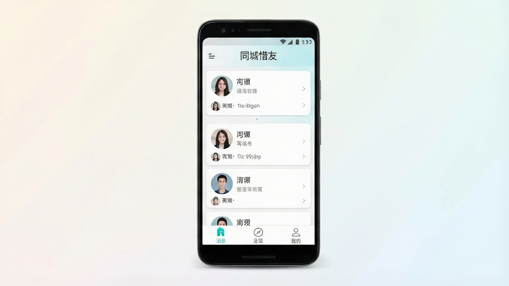 一张展示同城惜友软件核心界面的手机应用预览图,画面中央是一部竖屏安卓手机,屏幕内显示同城惜友主界面,顶部有