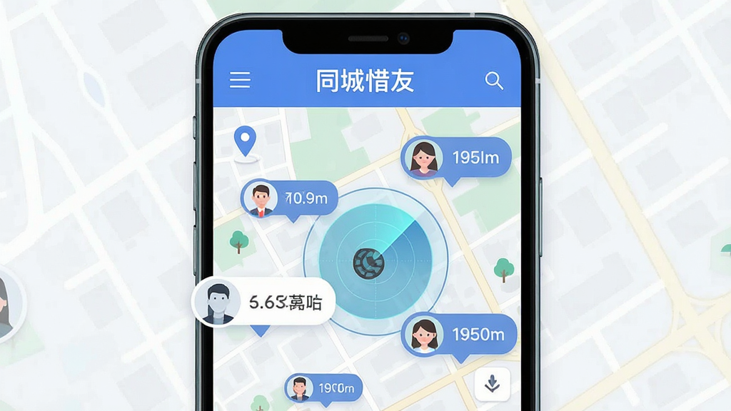 一张展示同城惜友基于地理位置匹配功能的界面示意图,画面主体为手机屏幕,屏幕中显示地图与用户头像气泡,气泡旁标注距离数值,顶部有