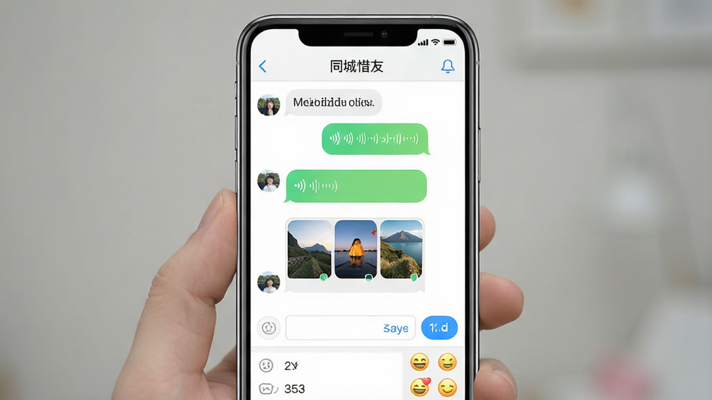 一张展示同城惜友聊天互动功能的手机界面图,画面中心为手机聊天窗口,窗口内有文字气泡、语音条与图片缩略图,顶部显示