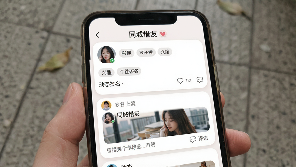 一张展示同城惜友个人资料与动态分享页面的界面图,画面主体为手机屏幕,屏幕内显示头像、兴趣标签、个性签名与动态卡片流,顶部有