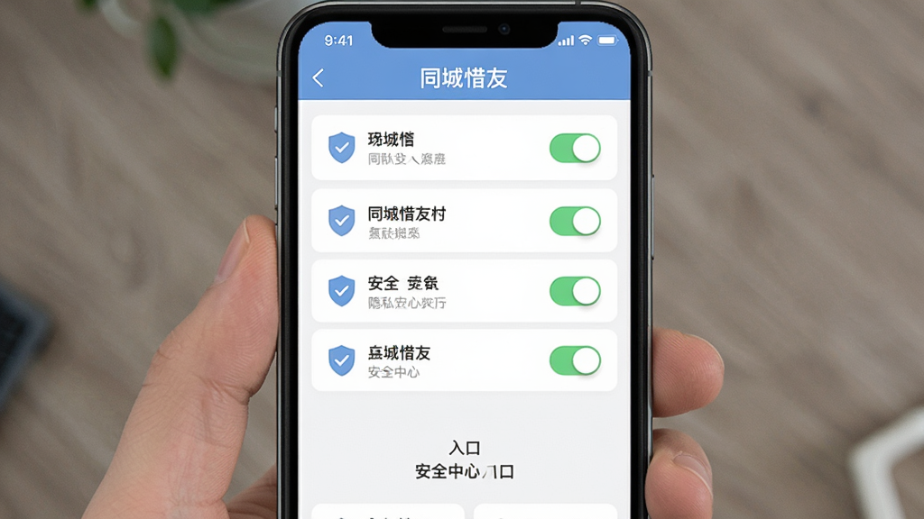 一张展示同城惜友隐私安全设置界面的手机应用图,画面中央为手机屏幕,屏幕内显示隐私开关列表与安全中心入口,顶部有