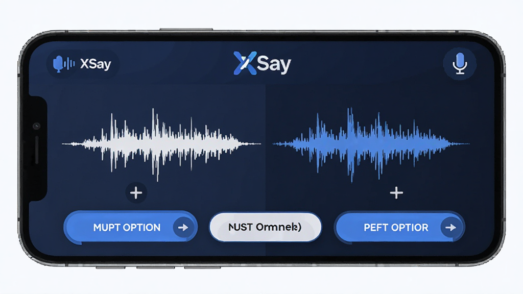 XSay实时变声功能展示图,主体是手机界面中显示声波波形与多个变声选项按钮,布局为左侧是原始声波右侧是变声后声波对比,排版为上下结构,风格为科技蓝调扁平化设计,细节包含“XSay”标识和麦克风图标,画质清晰干净无多余元素