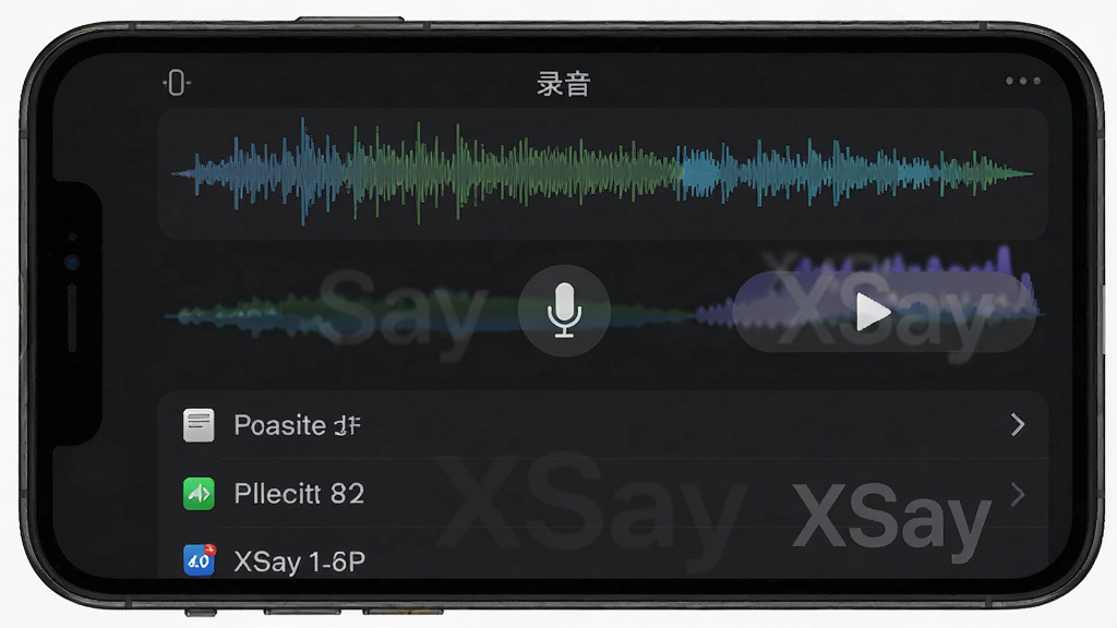 XSay录音回放功能示意图,主体是手机界面显示录音列表和播放按钮,布局为上方录音波形下方文件列表,排版清晰明了,风格为简约暗色系UI,细节包含“XSay”水印和麦克风录音图标,画质清晰干净无多余元素