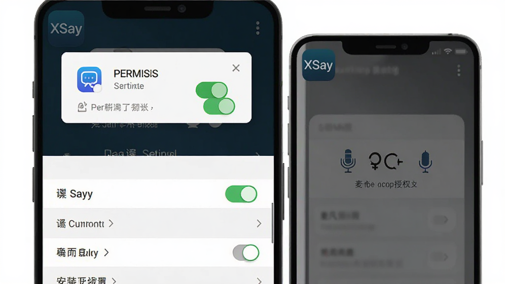 XSay手机端安装设置步骤示意图,主体是手机屏幕显示权限设置和麦克风授权界面,布局为上方是权限弹窗下方是设置选项,排版清晰直观,风格为扁平化手机UI风格,细节包含“XSay”应用图标和权限开关按钮,画质高清干净无多余元素