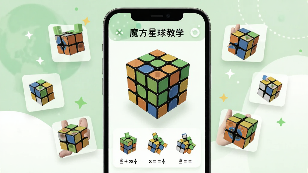 魔方星球教学页面,手机屏幕中显示三维魔方动画演示和分步公式文字说明,画面中有多个悬浮的魔方公式卡片,背景为柔和的绿色与白色搭配,风格清新教育感,画质清晰,无杂乱元素