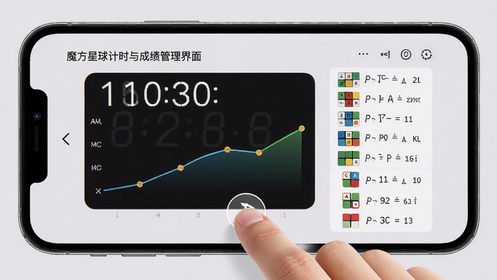 魔方星球计时与成绩管理界面,手机屏幕上显示计时器数字和成绩折线图,旁边配有打乱公式列表,整体风格简洁清新,背景为浅灰色,画面中有一只手正在按下计时器按钮,细节丰富,画质干净