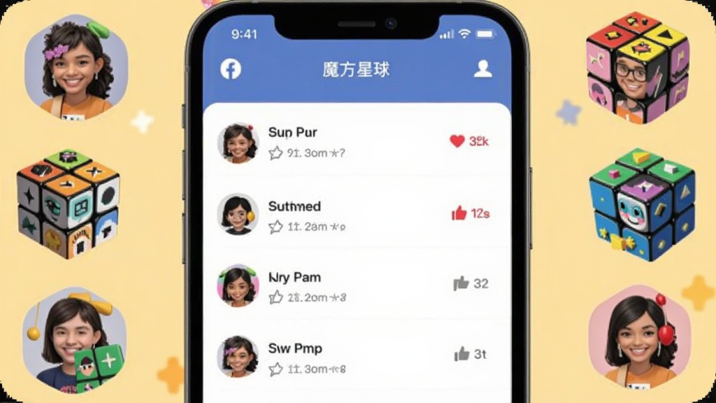 魔方星球社区互动界面,手机屏幕显示用户动态列表与点赞评论图标,周围环绕多个魔方爱好者头像,背景为温馨的浅黄色调,风格社交化,画面干净整洁,细节丰富