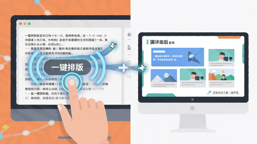 主体为一只手点击屏幕上的“一键排版”按钮,屏幕瞬间从杂乱文字变为整齐的图文幻灯片,布局采用左右对比构图,排版突出变化前后差异,风格为扁平化科技风,细节上带有鼠标点击的动效光波与文字飞入的动画轨迹,画质清晰,干净,无多余元素