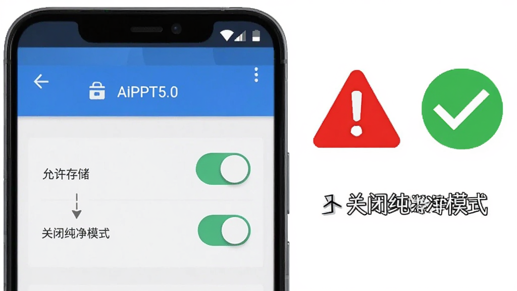 主体为一部安卓手机屏幕显示AiPPT5.0的权限设置界面,旁边有红色的警示标志和绿色的对勾标志,布局采用手机界面特写与图标组合,排版突出权限开关,风格为扁平化提示说明图,细节上带有文字标注“允许存储”“关闭纯净模式”,画质清晰,干净,无多余元素