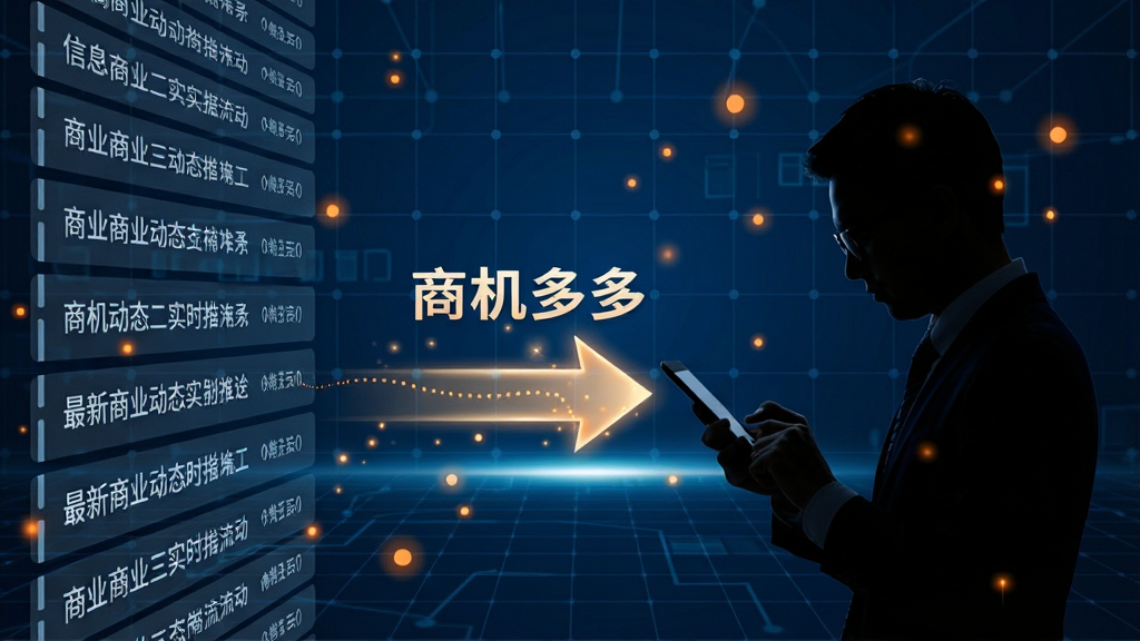 一幅描绘信息实时更新与数据流动概念的图片,画面左侧是不断向上滚动的信息流列表,右侧是一位专注查看手机的用户剪影,中间用发光的箭头连接,代表“商机多多”平台将最新商业动态实时推送给用户,背景采用深蓝色科技感网格,点缀橙色光点,风格现代商务,画质高清,无杂乱元素。
