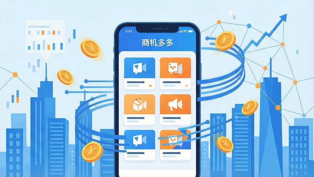 一幅展示移动互联网商业机会聚合平台的插画,画面中央是一部智能手机,屏幕上显示着“商机多多”应用界面,界面内排列着多样化的商业项目卡片图标,周围环绕着象征资讯流动的线条与金币元素,背景为现代城市剪影与数据网络,整体风格简洁明亮,扁平化设计,色彩以蓝色和橙色为主,画质清晰,干净无多余元素。