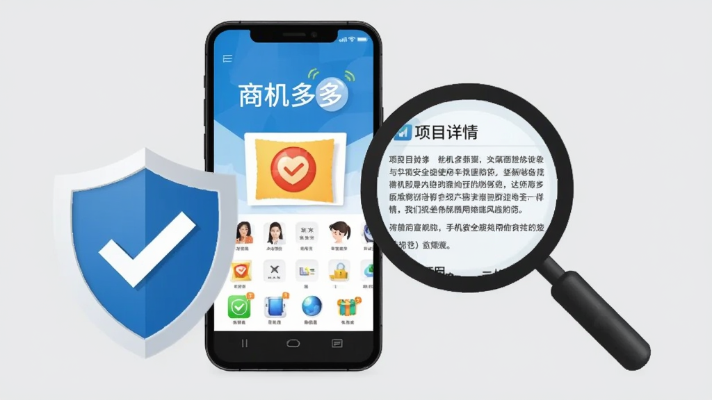 一幅表现手机安全使用与风险防范的示意图,画面中一部手机屏幕显示“商机多多”应用界面,旁边有一个盾牌图标和放大镜,盾牌上打勾,放大镜聚焦在项目详情文字上,背景为浅灰色,风格简洁商务,画质清晰,无多余装饰。