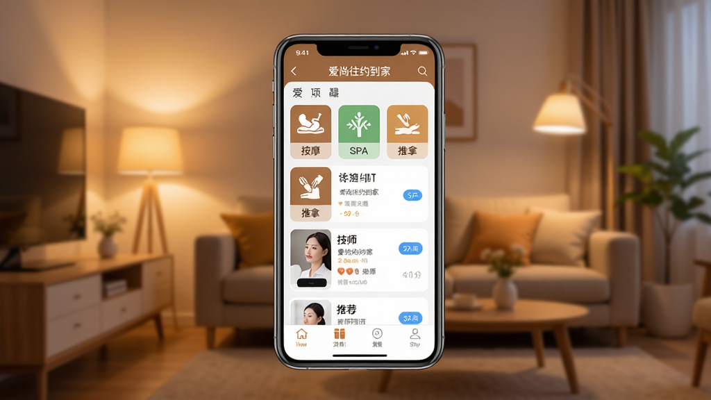爱尚往约到家软件主界面展示图,画面中央放置一部智能手机,手机屏幕上显示爱尚往约到家APP首页,页面包含按摩、SPA、推拿等服务分类图标和技师推荐列表,背景为温馨的家居环境,暖色调灯光,风格简洁现代,细节清晰,画质高清,干净无多余元素,图片中文字标注“爱尚往约到家”