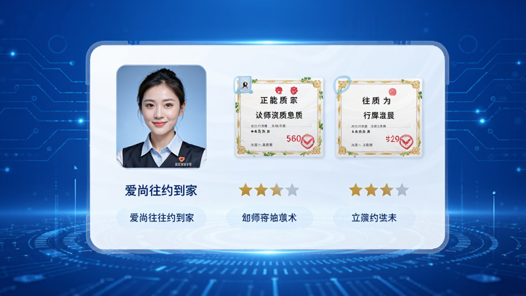 爱尚往约到家技师认证体系展示图,画面中央为技师个人资料卡片,包含头像、资质证书、星级评分等元素,背景为蓝色渐变科技风格,布局对称,细节清晰,画质高清,干净无多余元素,图片中文字标注“爱尚往约到家”