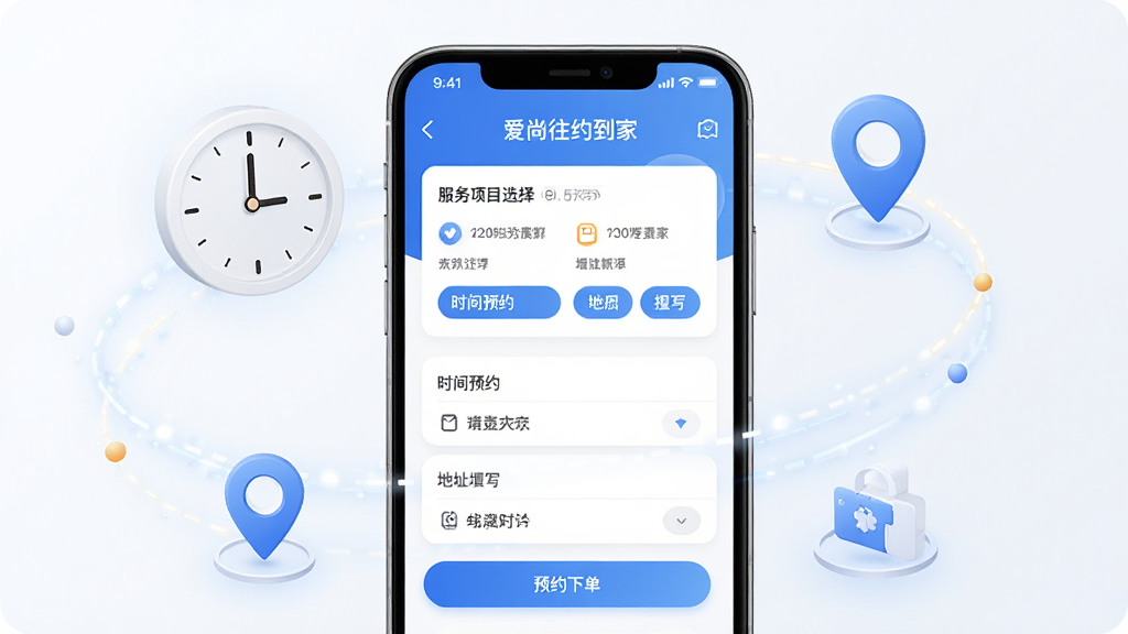 爱尚往约到家一键预约功能展示图,画面主体为手机屏幕显示预约下单页面,包含服务项目选择、时间预约、地址填写等模块,手机周围环绕时钟、定位图标等元素,布局清晰,风格简约科技感,细节丰富,画质高清,干净无多余元素,图片中文字标注“爱尚往约到家”