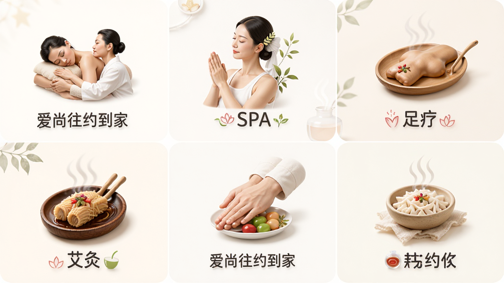 爱尚往约到家服务品类展示图,画面以九宫格形式排列各类服务图标,包括推拿、SPA、足疗、艾灸等,每个图标配有简洁文字说明,背景为浅色系,布局整齐,风格清新,细节精致,画质高清,干净无多余元素,图片中文字标注“爱尚往约到家”