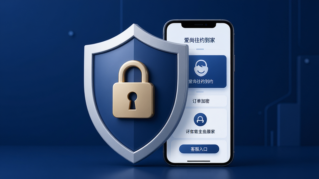 爱尚往约到家安全保障功能展示图,画面主体为盾牌与手机结合的形象,盾牌上显示安全锁图标,手机屏幕展示订单加密与客服入口,背景为深蓝色调,风格稳重可靠,细节清晰,画质高清,干净无多余元素,图片中文字标注“爱尚往约到家”