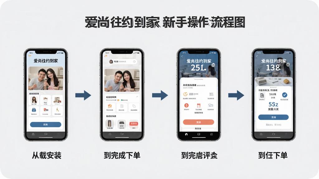 爱尚往约到家新手操作流程图,画面以步骤图形式展示从下载安装到完成下单的全过程,包含手机界面示意图和箭头引导,背景为浅灰色,风格简洁明了,细节清晰,画质高清,干净无多余元素,图片中文字标注“爱尚往约到家”