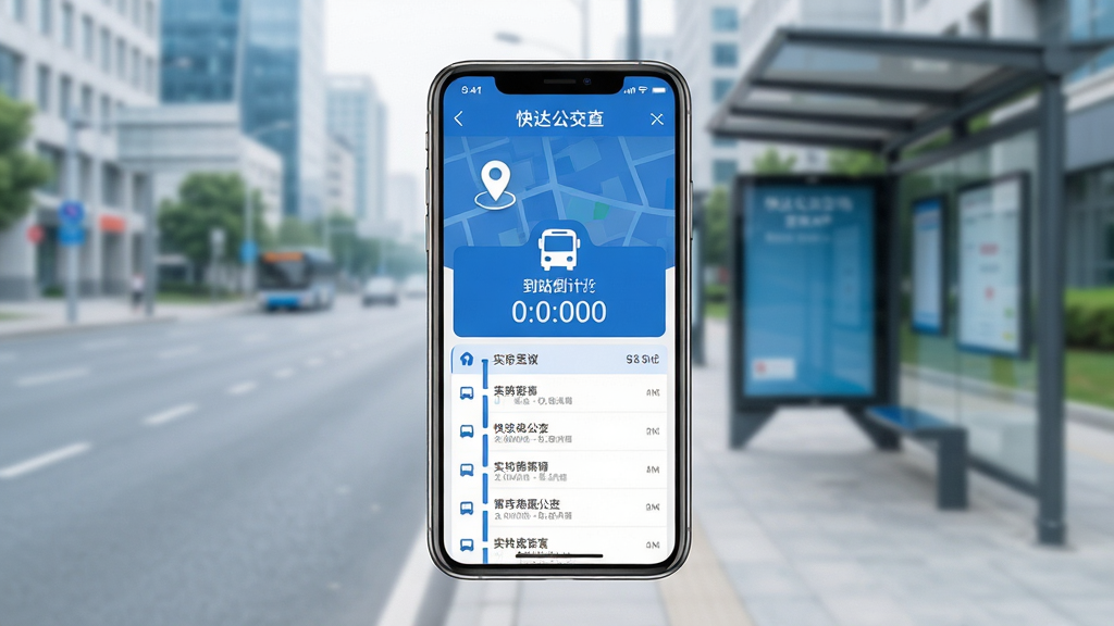快达公交实时查APP主界面展示图,画面中央是一部智能手机,屏幕显示蓝色调的公交实时查询界面,包含地图定位图标、公交车图标、到站倒计时数字和线路列表,背景为干净的城市道路与公交站台虚化场景,排版简洁居中,风格现代科技感,细节清晰,画质高清,干净无多余元素