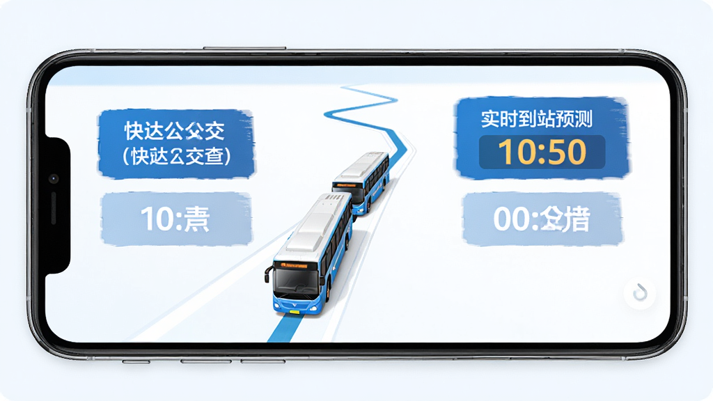 快达公交实时查实时到站预测功能界面,手机屏幕显示公交车沿着路线移动的动画效果,站点名称与倒计时数字突出显示,画面以蓝白配色为主,布局清晰,风格简洁直观,细节精致,画质高清,干净无多余元素