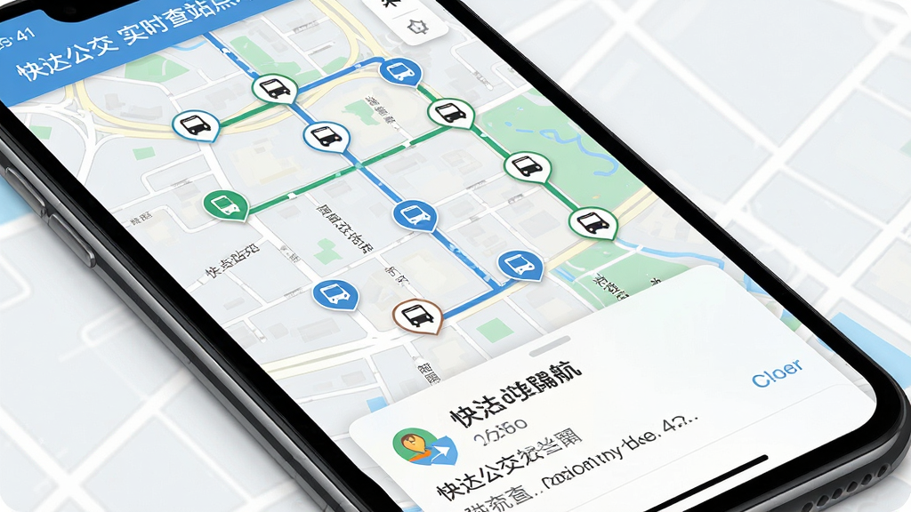 快达公交实时查站点地图导航界面,手机屏幕显示城市街道地图,地图上标注多个公交站点图标与线路走向,底部弹出站点详情卡片,风格现代简约,配色清爽,细节丰富,画质高清,干净无多余元素