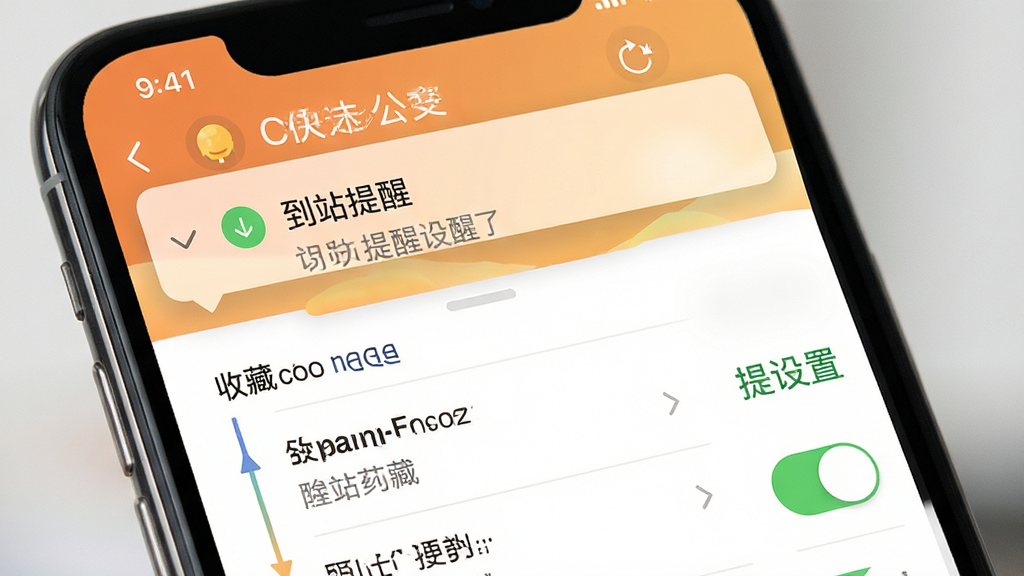 快达公交实时查到站提醒与收藏功能界面,手机屏幕显示收藏线路列表与提醒设置开关,通知栏弹出到站提醒消息,界面布局整洁,风格温馨实用,细节清晰,画质高清,干净无多余元素