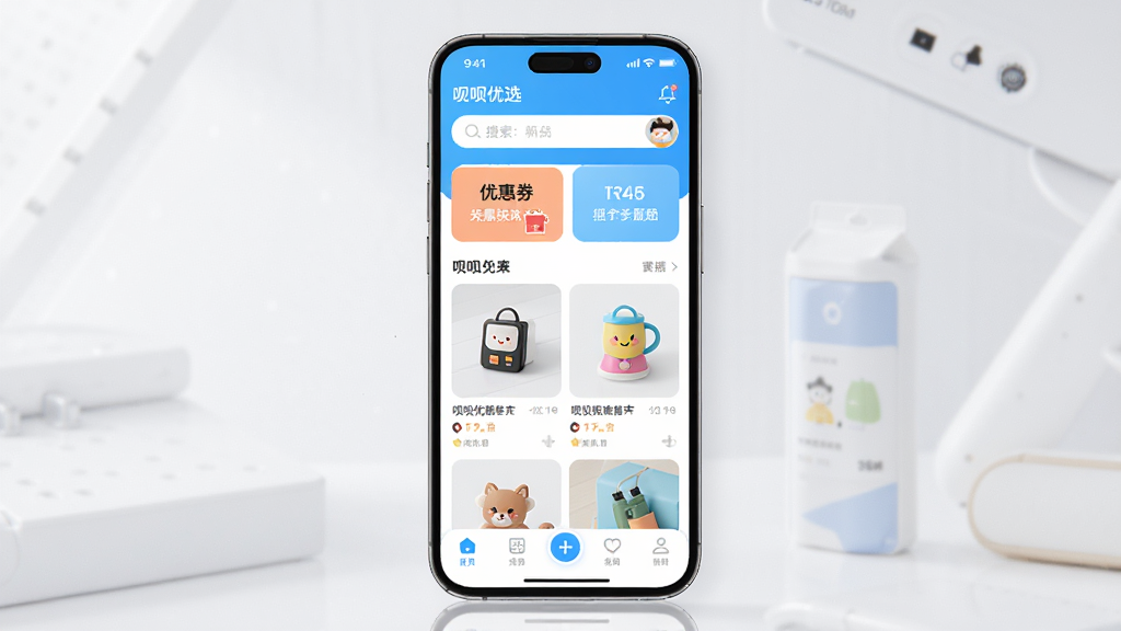 呗呗优选手机应用主界面展示,画面中央是一部竖屏智能手机,屏幕内显示呗呗优选APP的首页,包含搜索栏、优惠券入口、商品瀑布流和底部导航栏,布局清晰,排版整洁,风格为现代简约科技感,细节上有圆角卡片、柔和阴影和明亮配色,画质高清,干净,无多余元素