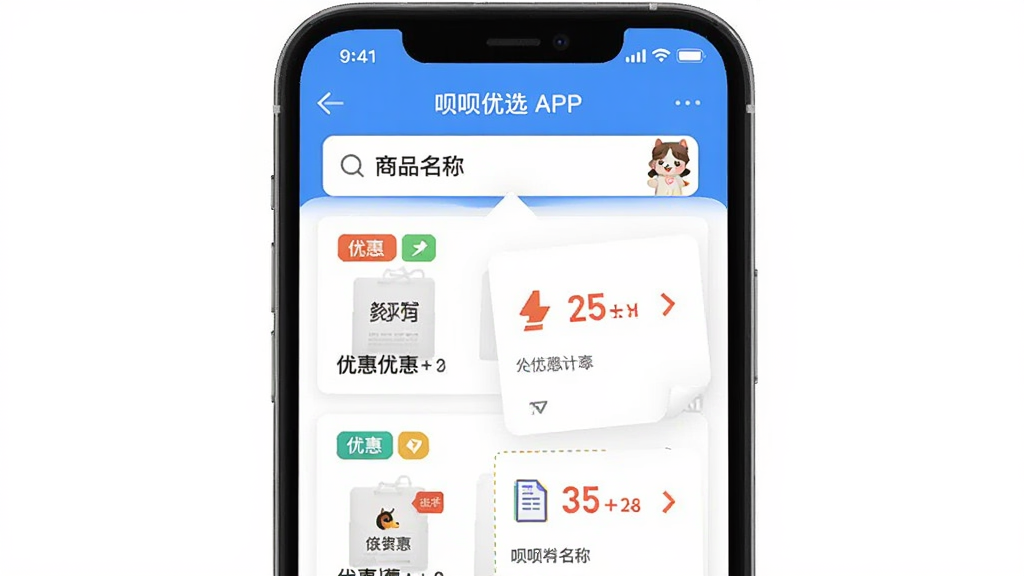 呗呗优选APP内搜索优惠券流程展示,画面主体为手机屏幕,屏幕中显示搜索框输入商品名称后弹出优惠券列表,布局为上下结构,排版清晰,风格为扁平化UI设计,细节上包含彩色标签、折扣数字和箭头引导,画质高清,干净,无多余元素
