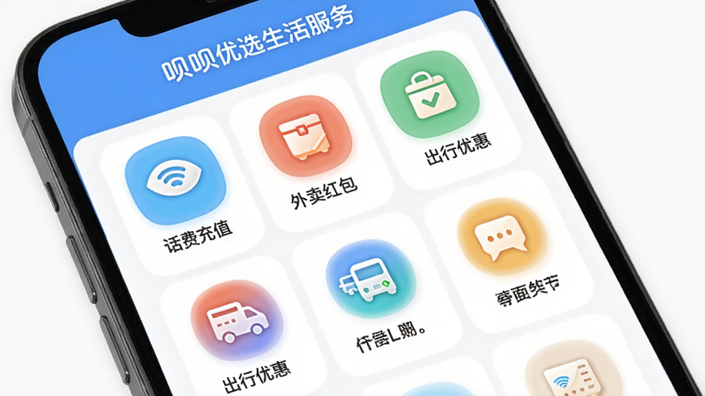 呗呗优选生活服务页面,画面为手机屏幕,屏幕内显示多个功能图标,包括话费充值、外卖红包、出行优惠等,布局为网格排列,排版规整,风格为柔和圆角设计,细节上有彩色图标和简洁文字标签,画质高清,干净,无多余元素