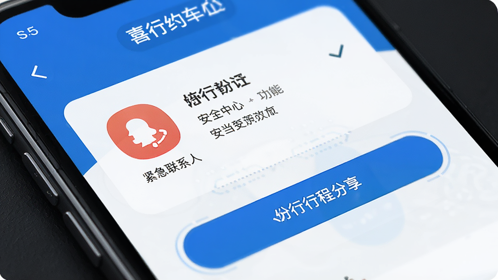 一张展示喜行约车乘客端安全中心功能的图片,主体是手机屏幕显示安全设置页面,布局为手机界面特写,风格科技感与安全感结合,细节包括紧急联系人图标、行程分享按钮、安全中心标识,画面干净整洁,画质清晰,无多余元素