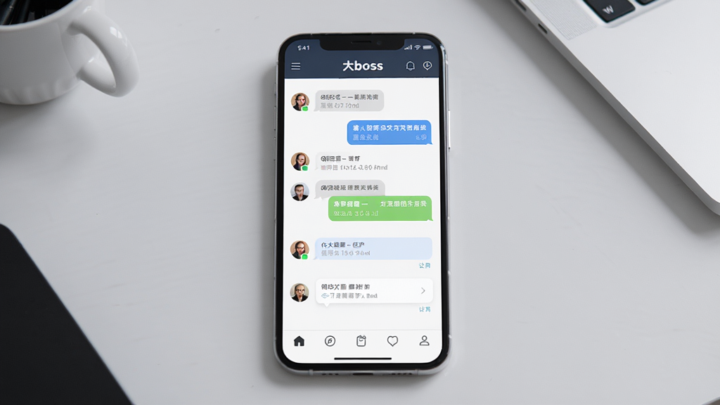 大boss软件主界面展示图,画面中央放置一部智能手机,屏幕内显示大boss应用聊天列表与任务卡片布局,背景为浅灰色办公桌面,风格简洁现代,细节包括消息气泡、头像图标、底部导航栏,画质清晰干净无多余元素