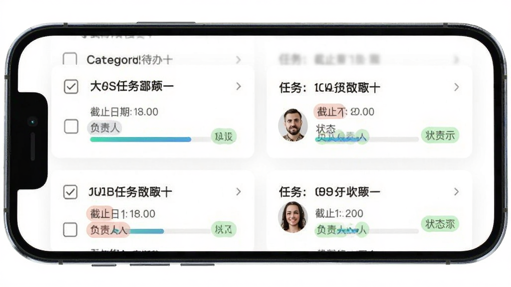 大boss任务待办界面图,手机屏幕显示任务列表卡片,每张卡片包含任务标题、截止日期、负责人头像与状态标签,背景为白色,风格简约商务,细节有勾选框、进度条、分类标签,画质清晰干净无多余元素