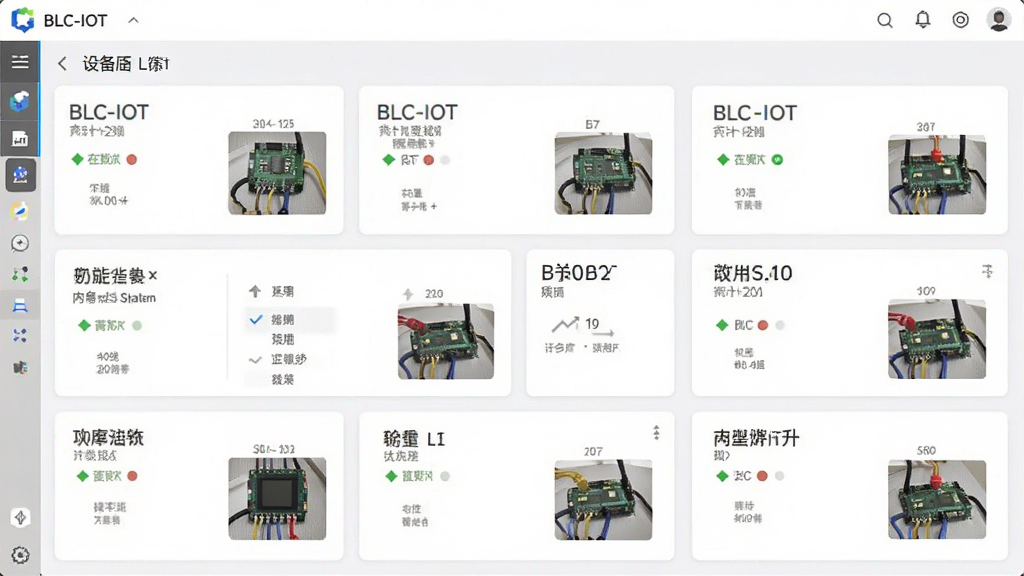 主体为BLC-IOT软件界面截图,布局为设备列表页,排版为卡片式排列,风格为扁平化设计,细节包括每个卡片上显示设备名称、在线状态和缩略图,画质为高清,干净,无多余元素