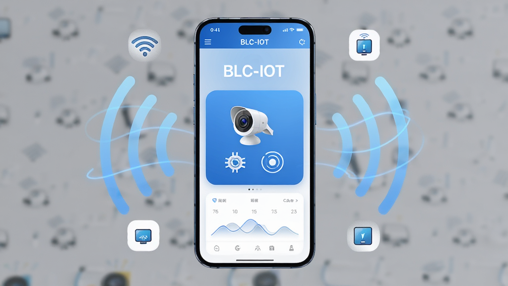 主体为一部智能手机,屏幕中显示BLC-IOT软件界面,界面中央有智能摄像头和传感器图标,布局为居中展示,排版简洁,风格为现代科技感,细节包括手机周围环绕着WiFi信号波纹和智能设备小图标,画质为高清,干净,无多余元素