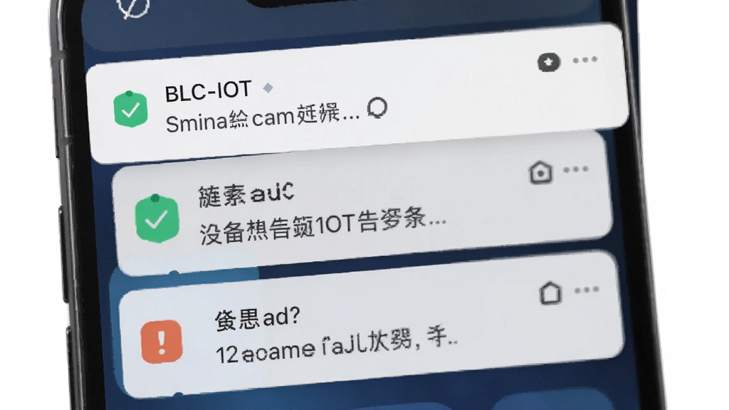 主体为手机通知栏显示BLC-IOT告警消息,布局为手机屏幕顶部下拉通知,排版为列表式,风格为简洁通知样式,细节包括通知中包含小图标和事件简述文字,画质为高清,干净,无多余元素