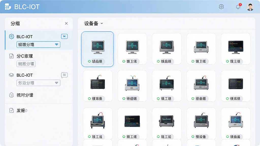 主体为BLC-IOT软件的分组管理界面,布局为左侧分组列表右侧设备缩略图,排版为分栏式,风格为清爽浅色,细节包括分组名称可编辑,设备图标清晰,画质为高清,干净,无多余元素