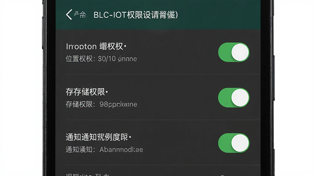 主体为手机屏幕显示BLC-IOT权限设置界面,布局为设置项列表,排版为纵向排列,风格为系统设置风格,细节包括位置权限、存储权限、通知权限的开关状态,画质为高清,干净,无多余元素