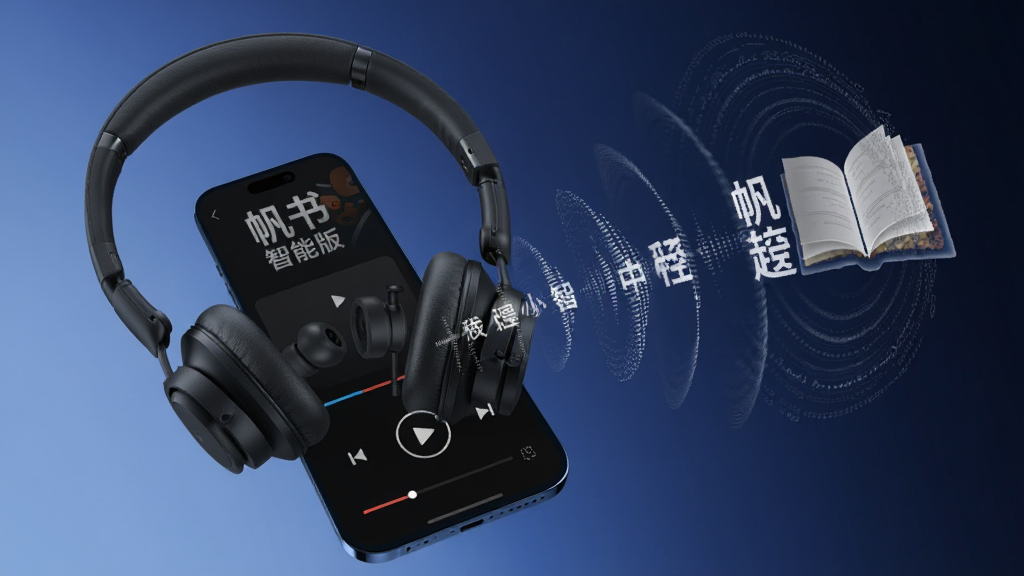 画面主体是一副耳机与手机组合,手机屏幕上显示“帆书智能版”播放界面,声波从耳机向外扩散形成文字和书本图案,布局采用对角线构图,背景为深蓝色渐变,风格为沉浸式音频体验,细节包含声波纹理、播放按钮、进度条,画质高清,画面干净无多余元素