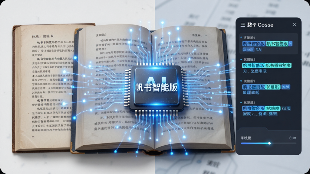 画面主体是一本翻开的电子书与AI芯片图形融合,书页中浮现出“帆书智能版”字样和发光的数据线条,布局为左右分栏,左侧是传统纸质书,右侧是数字化摘要面板,风格为科技与人文交汇,细节包含蓝色光点、文字高亮、进度条,画质清晰,干净无杂乱元素