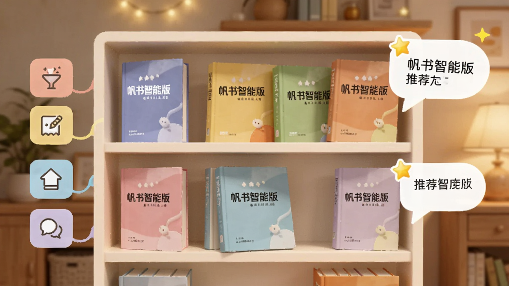 画面主体是一个虚拟书架,书架上摆放着不同颜色的书籍,每本书封面带有“帆书智能版”标志,书架旁边有分类标签和推荐气泡,布局为正面平视,背景是温馨的室内灯光,风格为清新简约,细节包含书籍排列、分类图标、推荐星标,画质清晰,干净整洁