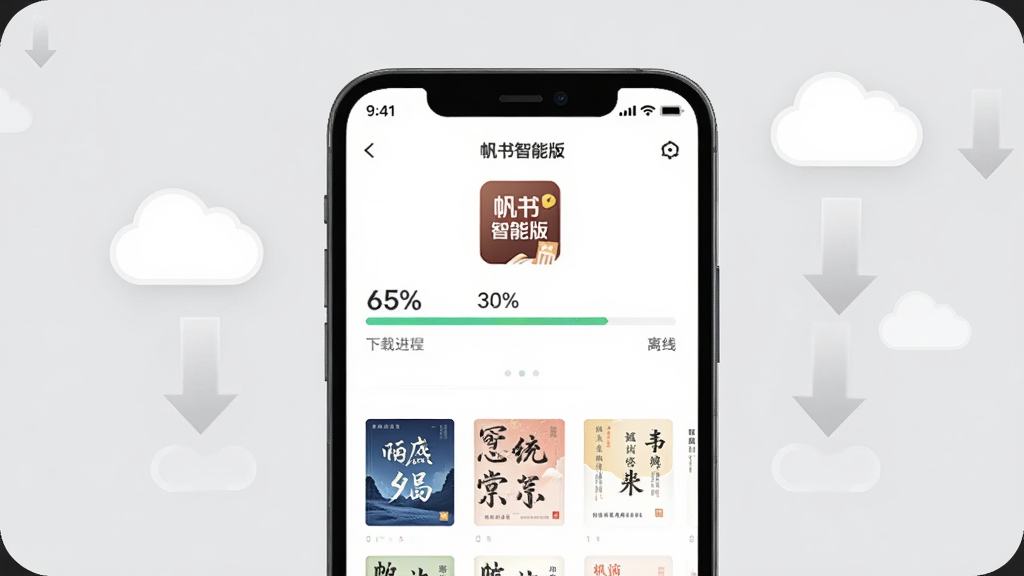 画面主体是一部手机显示下载进度条和离线书籍列表,屏幕上有“帆书智能版”标识,周围有云朵和向下箭头的图标,布局为居中构图,背景为浅灰色,风格为扁平化设计,细节包含进度百分比、书籍封面缩略图,画质高清,画面干净无多余元素