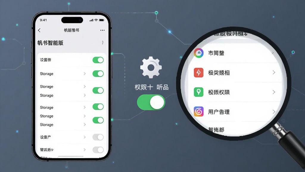 画面主体是手机屏幕显示帆书智能版设置界面,旁边有齿轮图标和权限开关示意,布局为左右结构,左侧手机界面,右侧放大镜查看权限列表,风格为科技教程风,细节包含开关按钮、存储条、权限图标,画质清晰,画面干净无杂乱